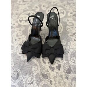 Zara Black Satin Bow Slingback Pumps Pointed Toe Stiletto Heels Size 36